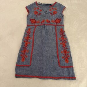 Boden Bea Linen Embroidered Shift Dress Blue Red Floral Boho US4 UK8